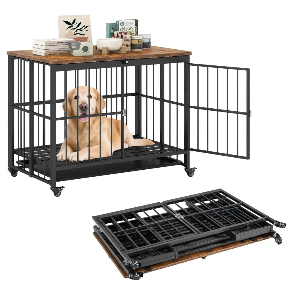 Foldable Dog Crate Furniture with Removable Tray and Lockable Door-L - Black - Dog Kennels