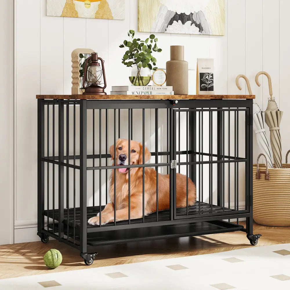 Foldable Dog Crate Furniture with Removable Tray and Lockable Door-L - Black - Dog Kennels