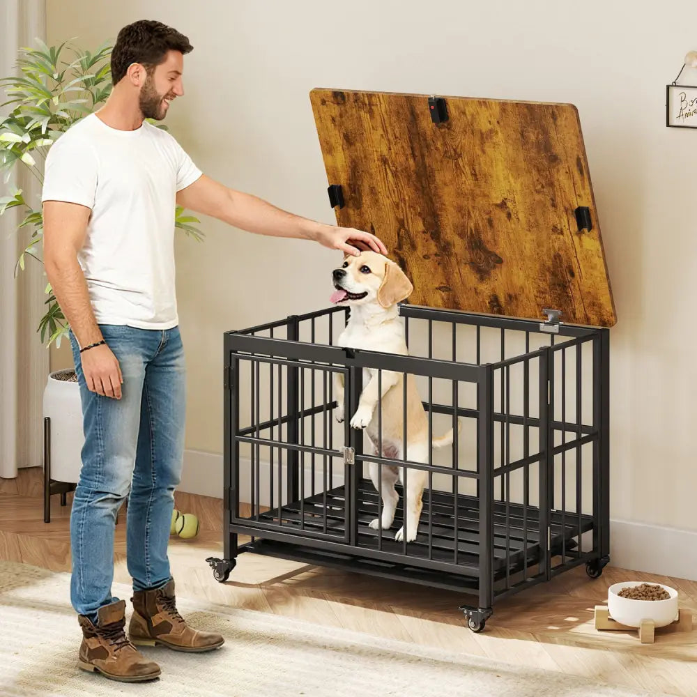 Foldable Dog Crate Furniture with Removable Tray and Lockable Door-S - Black - Dog Kennels