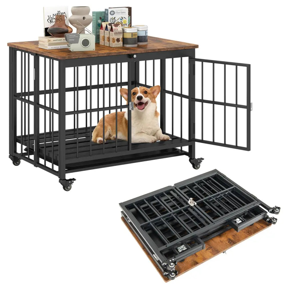 Foldable Dog Crate Furniture with Removable Tray and Lockable Door-S - Black - Dog Kennels