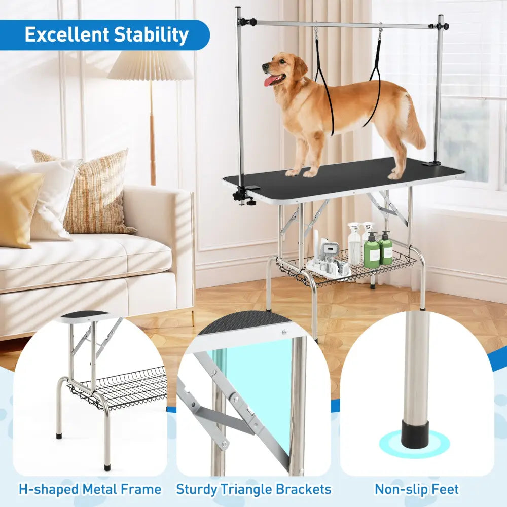 Foldable Dog Grooming Table with Height Adjustable Arms-Black - Black - Dog Supplies
