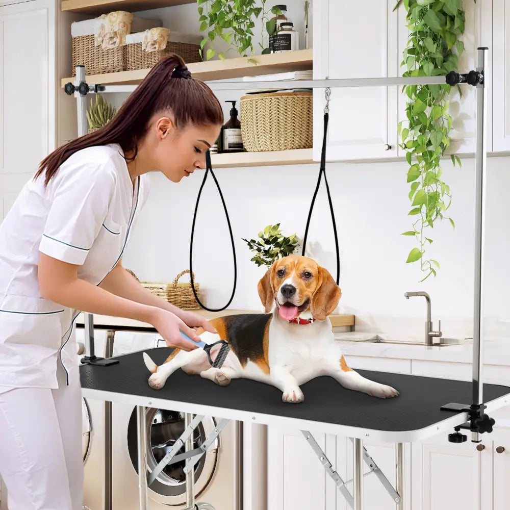 Foldable Dog Grooming Table with Height Adjustable Arms-Black - Black - Dog Supplies