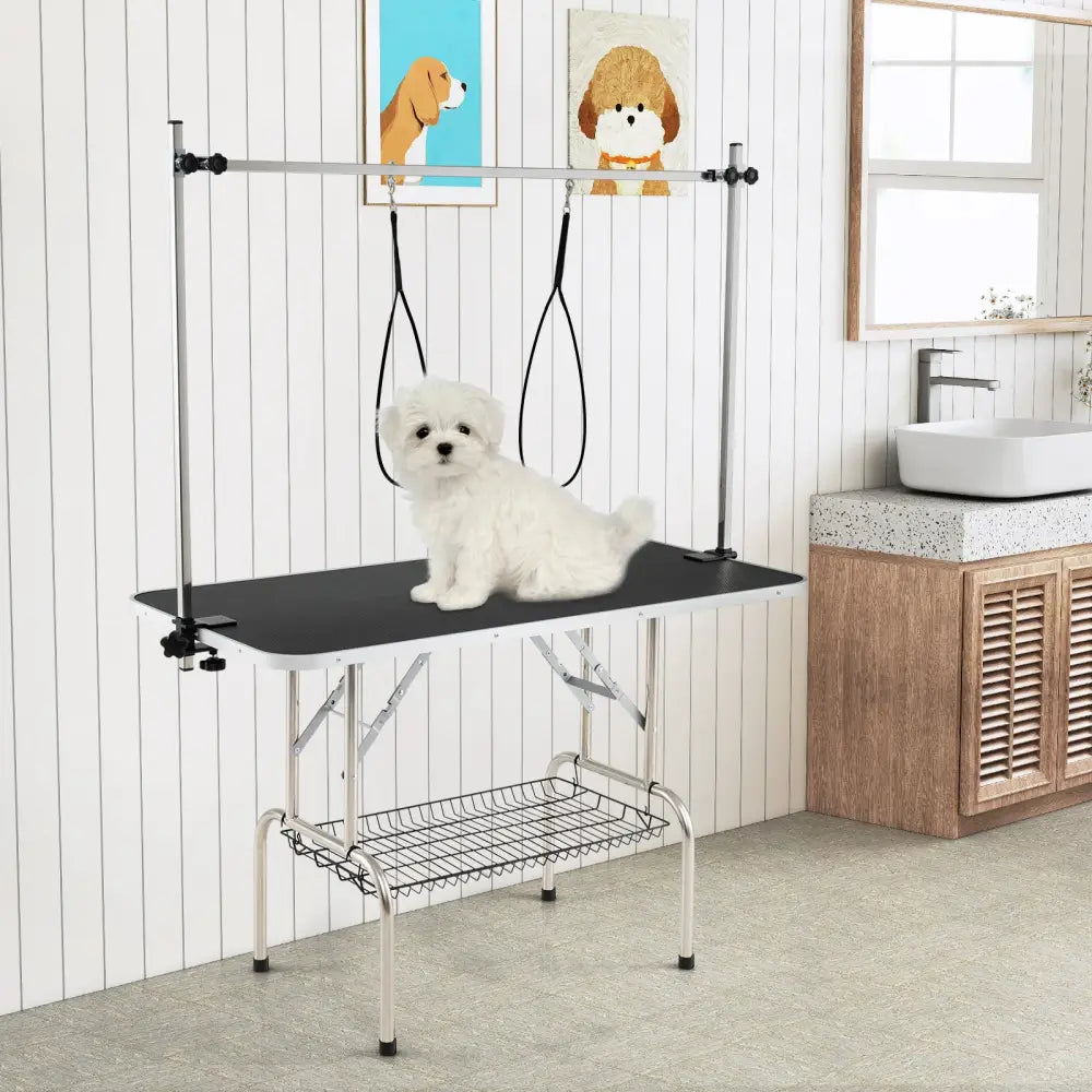 Foldable Dog Grooming Table with Height Adjustable Arms-Black - Black - Dog Supplies