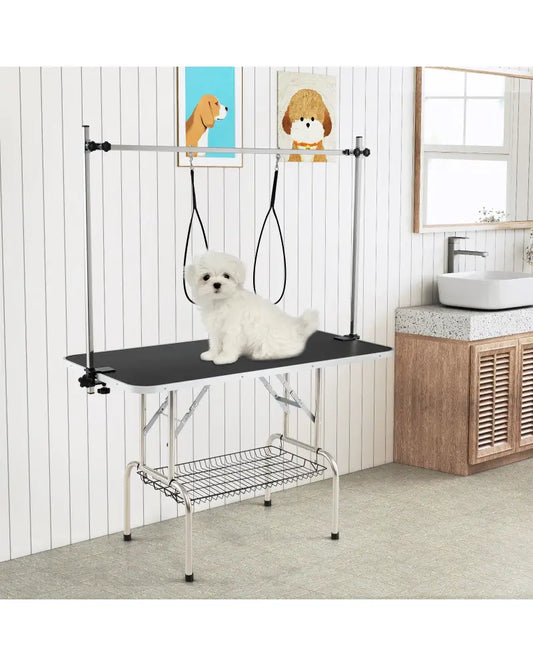 Foldable Dog Grooming Table with Height Adjustable Arms-Black - Black - Dog Supplies