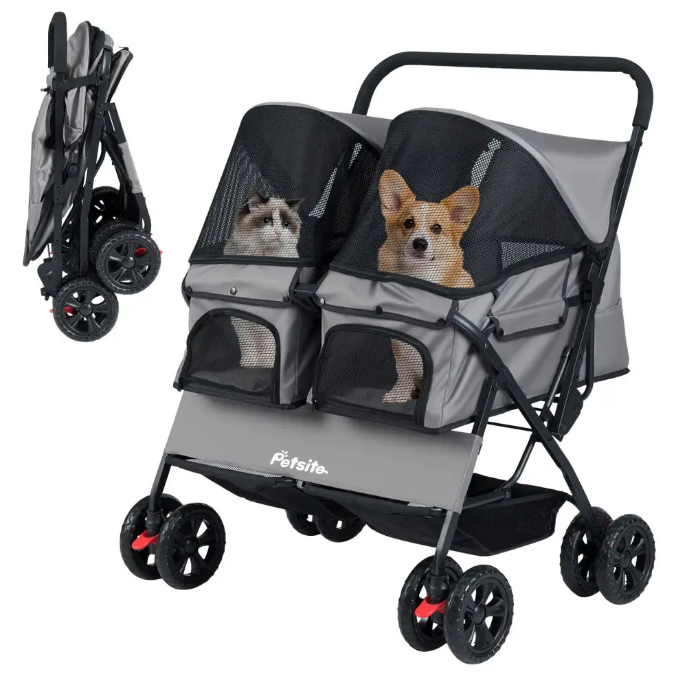 Foldable Double Pet Stroller with Adjustable Sunshade and Storage Basket-Gray - Gray - Dog Supplies