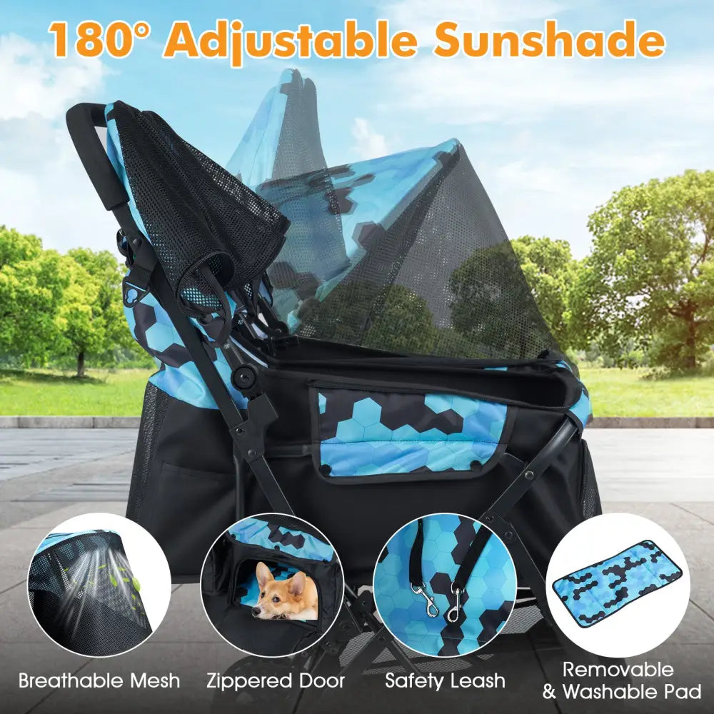 Foldable Double Pet Stroller with Adjustable Sunshade and Storage Basket-Navy - Navy - Dog Supplies