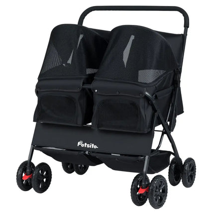 Foldable Double Pet Stroller with Adjustable Sunshade and Storage Basket-Black - Black - Cat Supplies