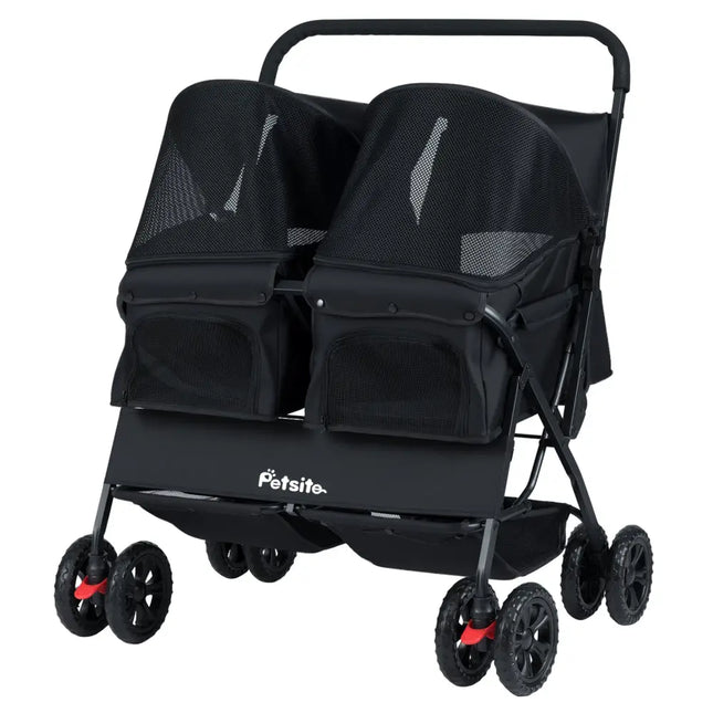 Foldable Double Pet Stroller with Adjustable Sunshade and Storage Basket-Black - Black - Cat Supplies