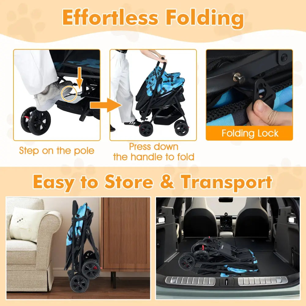 Foldable Double Pet Stroller with Adjustable Sunshade and Storage Basket-Navy - Navy - Dog Supplies