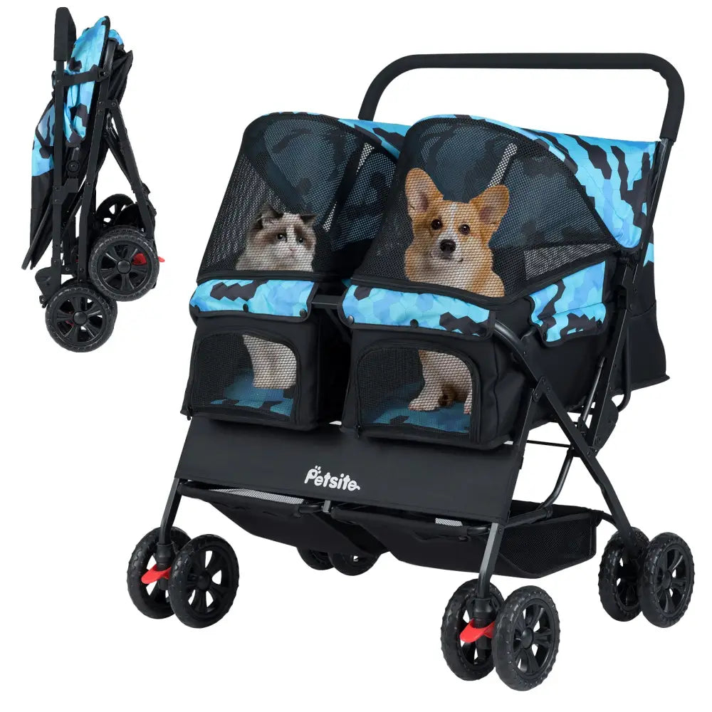 Foldable Double Pet Stroller with Adjustable Sunshade and Storage Basket-Navy - Navy - Dog Supplies