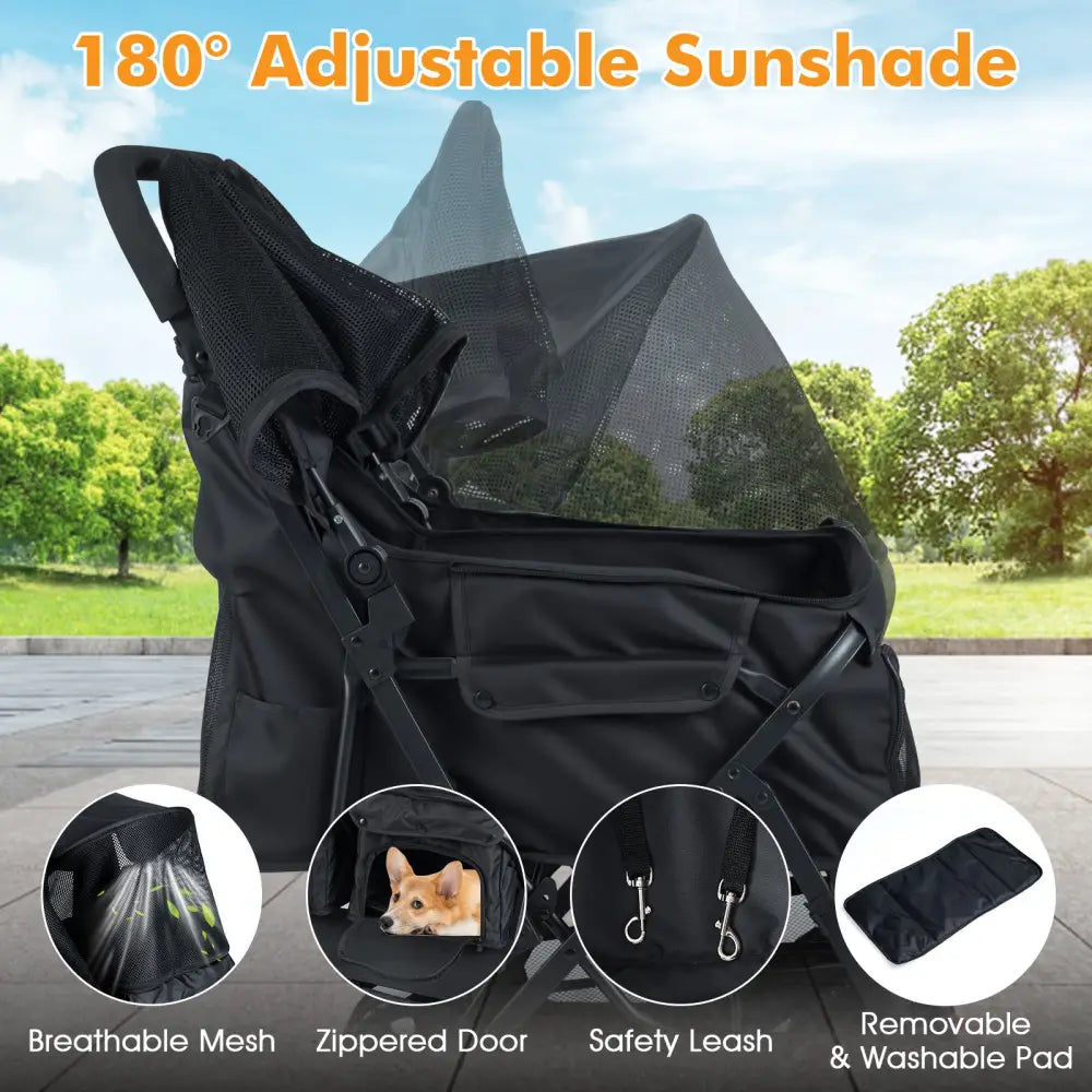 Foldable Double Pet Stroller with Adjustable Sunshade and Storage Basket-Black - Black - Dog Supplies
