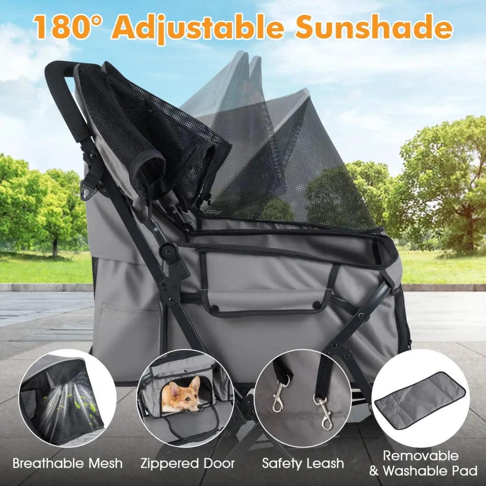 Foldable Double Pet Stroller with Adjustable Sunshade and Storage Basket-Gray - Gray - Dog Supplies