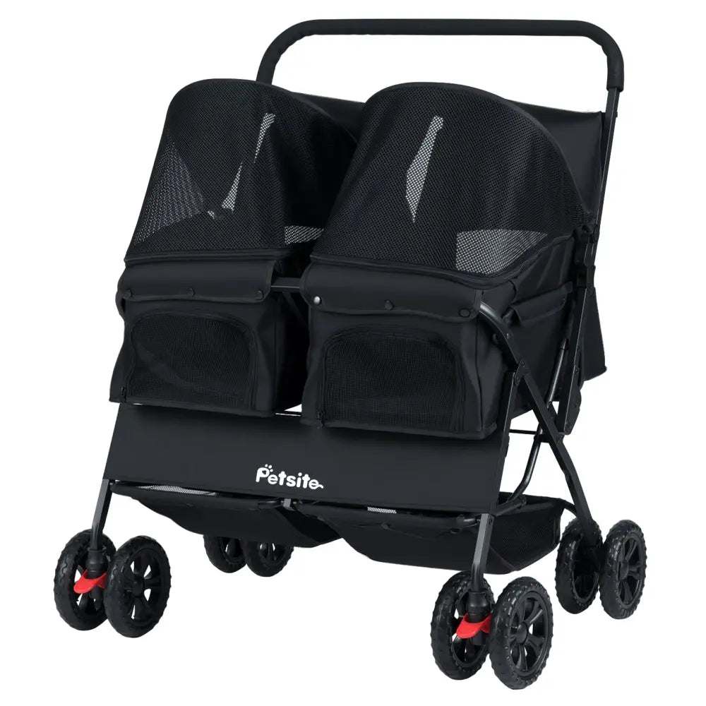 Foldable Double Pet Stroller with Adjustable Sunshade and Storage Basket-Black - Black - Dog Supplies