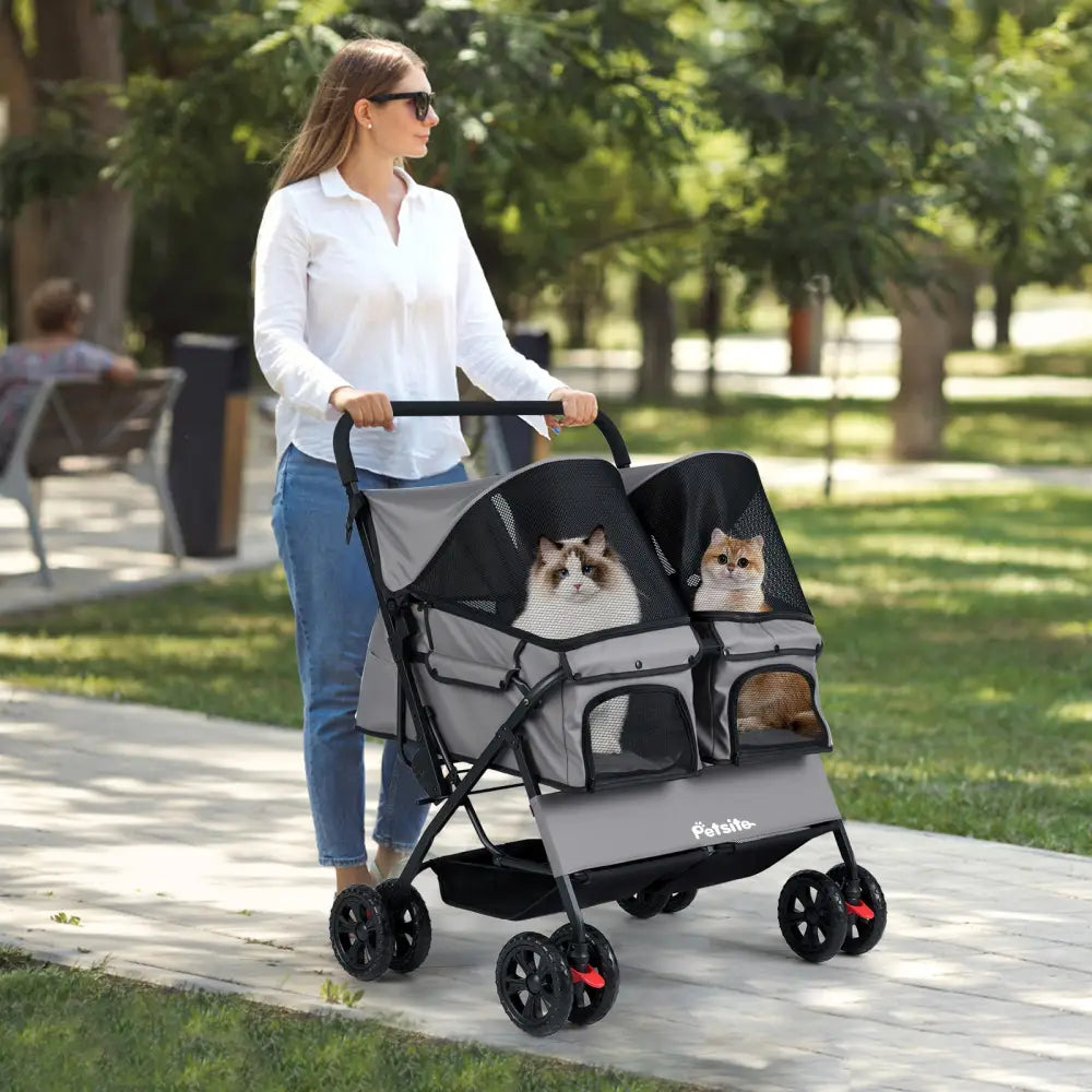 Foldable Double Pet Stroller with Adjustable Sunshade and Storage Basket-Gray - Gray - Dog Supplies