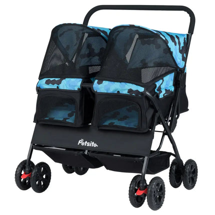 Foldable Double Pet Stroller with Adjustable Sunshade and Storage Basket-Navy - Navy - Cat Supplies