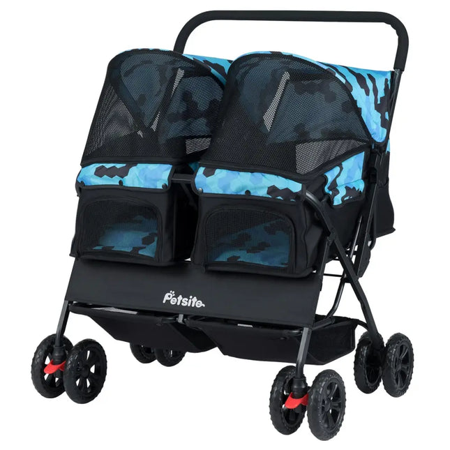 Foldable Double Pet Stroller with Adjustable Sunshade and Storage Basket-Navy - Navy - Cat Supplies