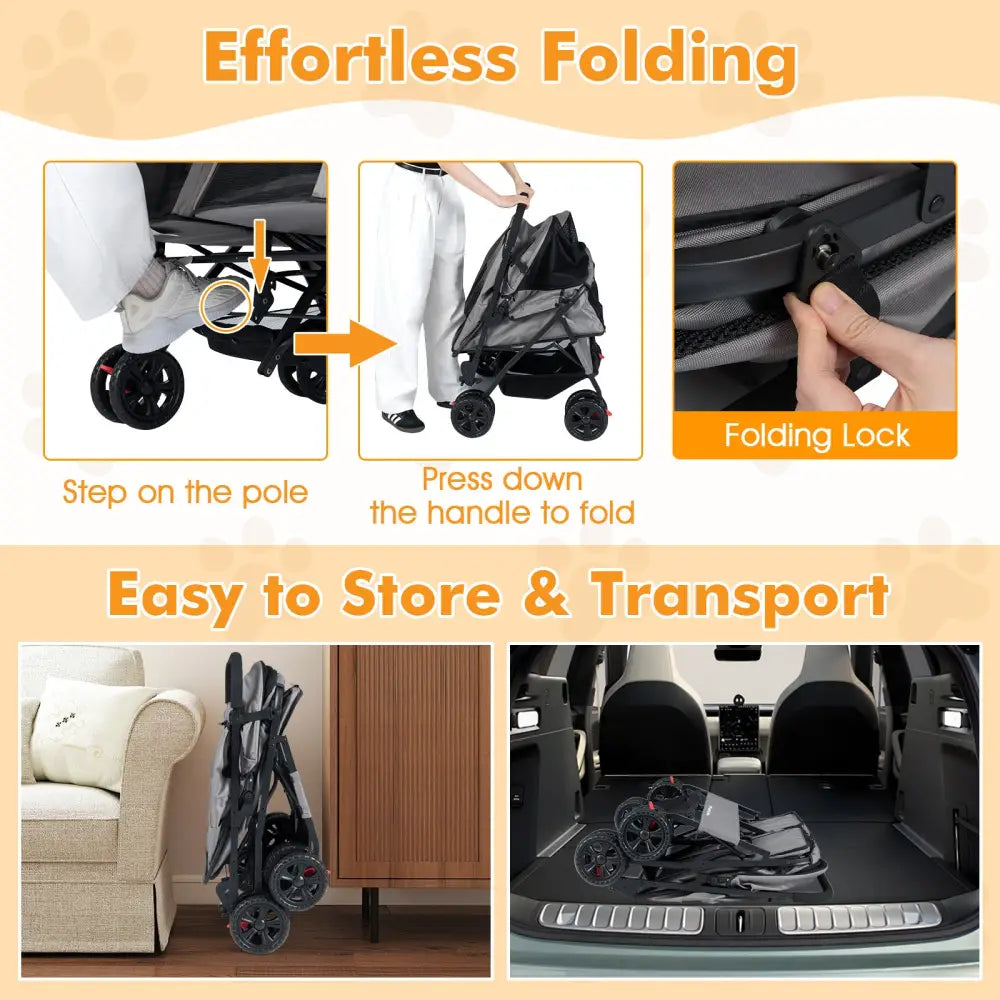 Foldable Double Pet Stroller with Adjustable Sunshade and Storage Basket-Gray - Gray - Dog Supplies