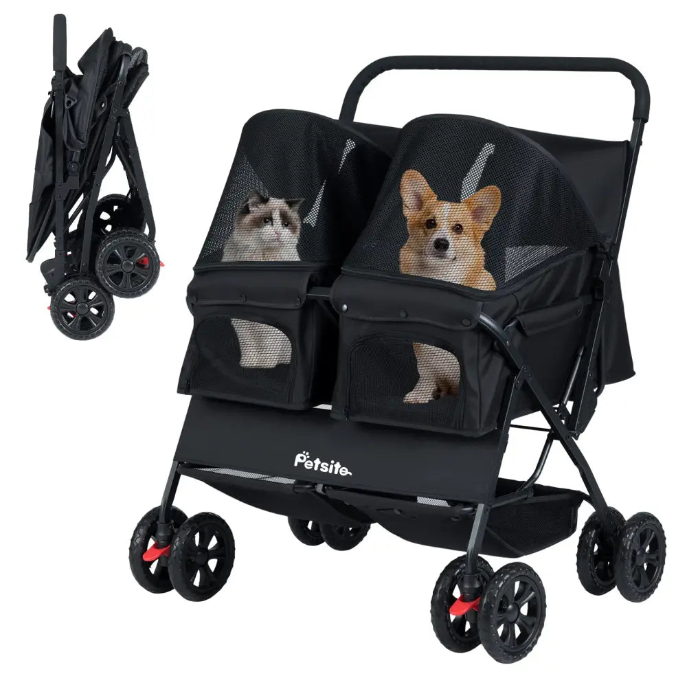 Foldable Double Pet Stroller with Adjustable Sunshade and Storage Basket-Black - Black - Dog Supplies
