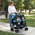 Foldable Double Pet Stroller with Adjustable Sunshade and Storage Basket-Navy - Navy - Dog Supplies