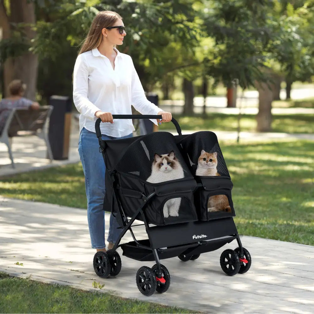 Foldable Double Pet Stroller with Adjustable Sunshade and Storage Basket-Black - Black - Dog Supplies