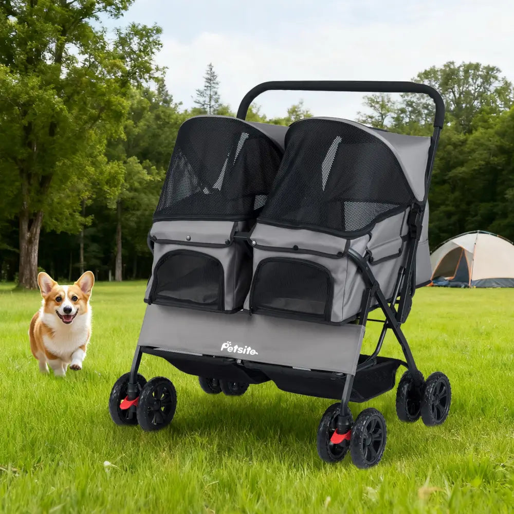 Foldable Double Pet Stroller with Adjustable Sunshade and Storage Basket-Gray - Gray - Dog Supplies