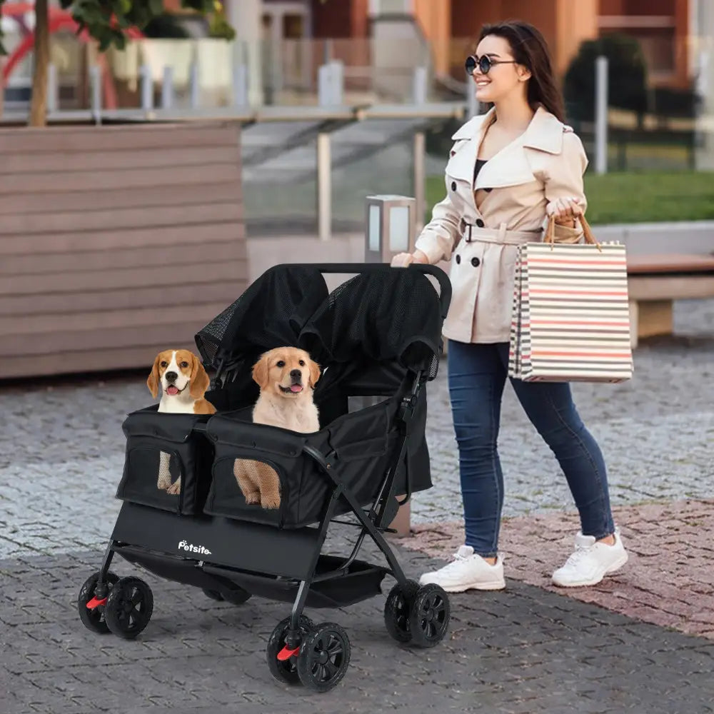 Foldable Double Pet Stroller with Adjustable Sunshade and Storage Basket-Black - Black - Dog Supplies