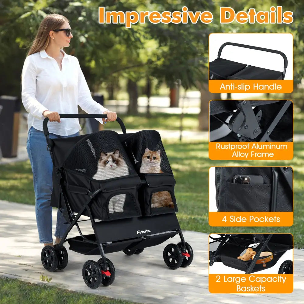 Foldable Double Pet Stroller with Adjustable Sunshade and Storage Basket-Black - Black - Dog Supplies