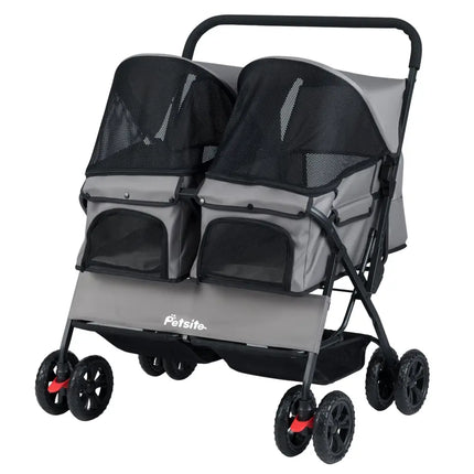 Foldable Double Pet Stroller with Adjustable Sunshade and Storage Basket - Gray - Oasis Home Essentials