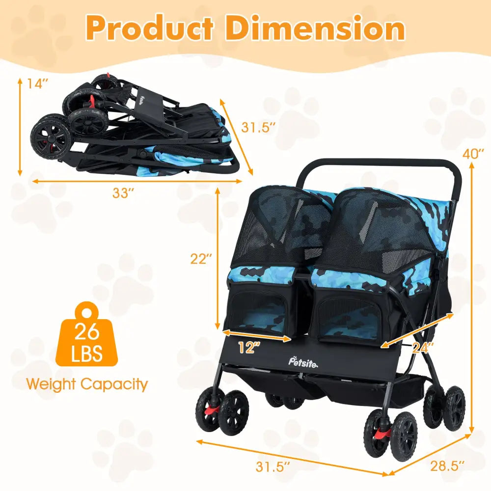 Foldable Double Pet Stroller with Adjustable Sunshade and Storage Basket-Navy - Navy - Dog Supplies
