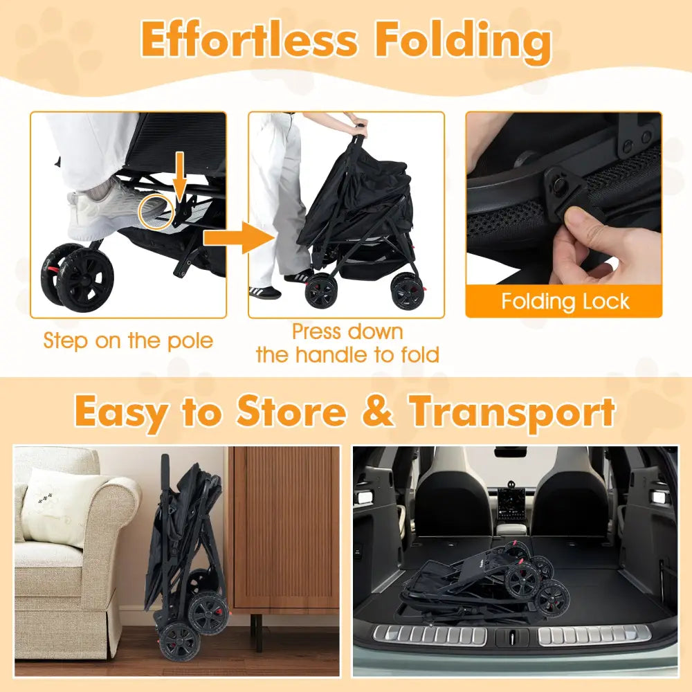 Foldable Double Pet Stroller with Adjustable Sunshade and Storage Basket-Black - Black - Dog Supplies