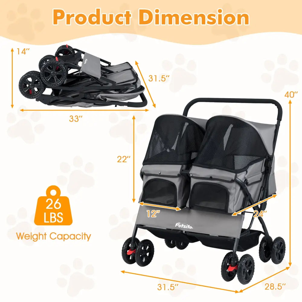 Foldable Double Pet Stroller with Adjustable Sunshade and Storage Basket-Gray - Gray - Dog Supplies