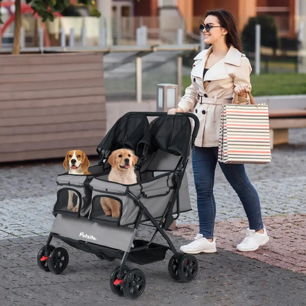 Foldable Double Pet Stroller with Adjustable Sunshade and Storage Basket-Gray - Gray - Dog Supplies