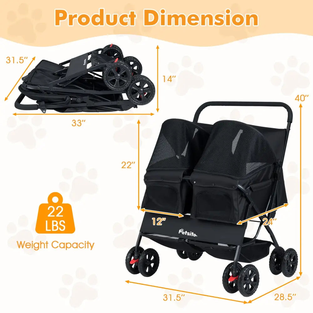 Foldable Double Pet Stroller with Adjustable Sunshade and Storage Basket-Black - Black - Dog Supplies