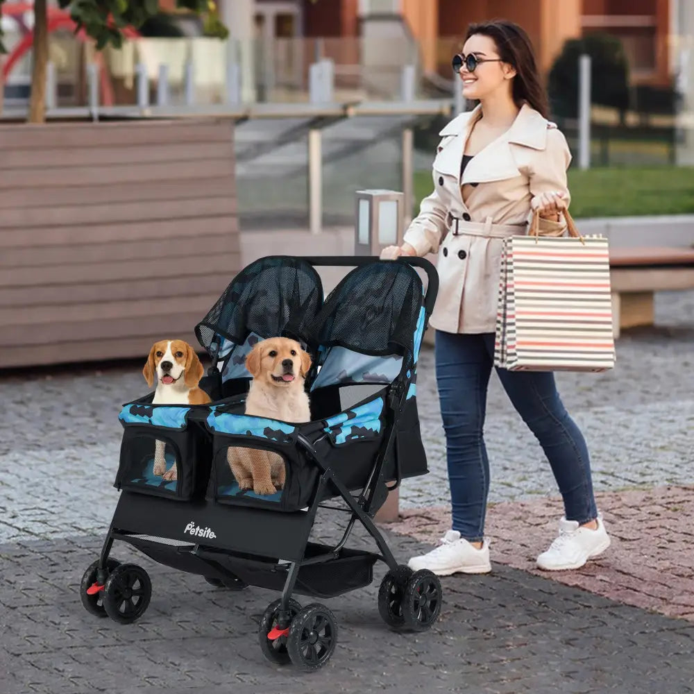 Foldable Double Pet Stroller with Adjustable Sunshade and Storage Basket-Navy - Navy - Dog Supplies