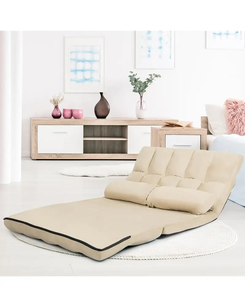 Foldable Floor 6-Position Adjustable Lounge Couch-Beige - Beige - Floor Chairs