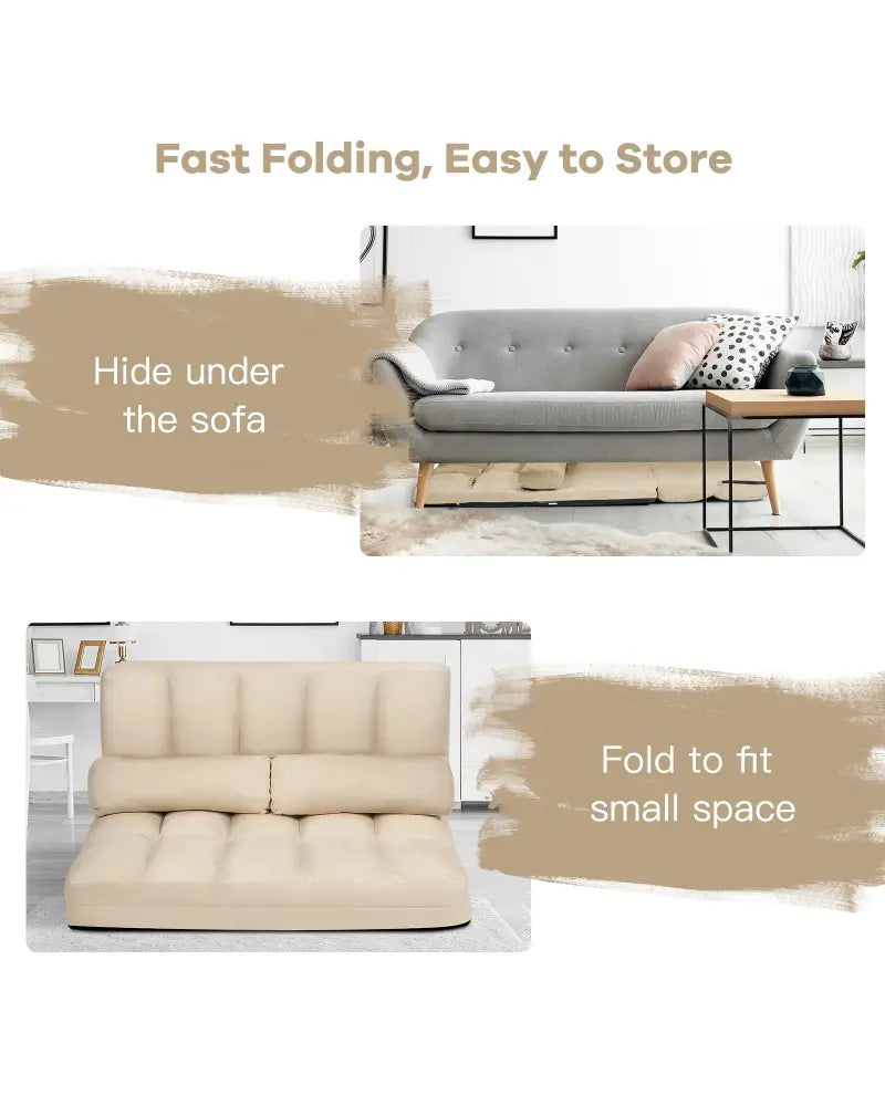 Foldable Floor 6-Position Adjustable Lounge Couch-Beige - Beige - Floor Chairs