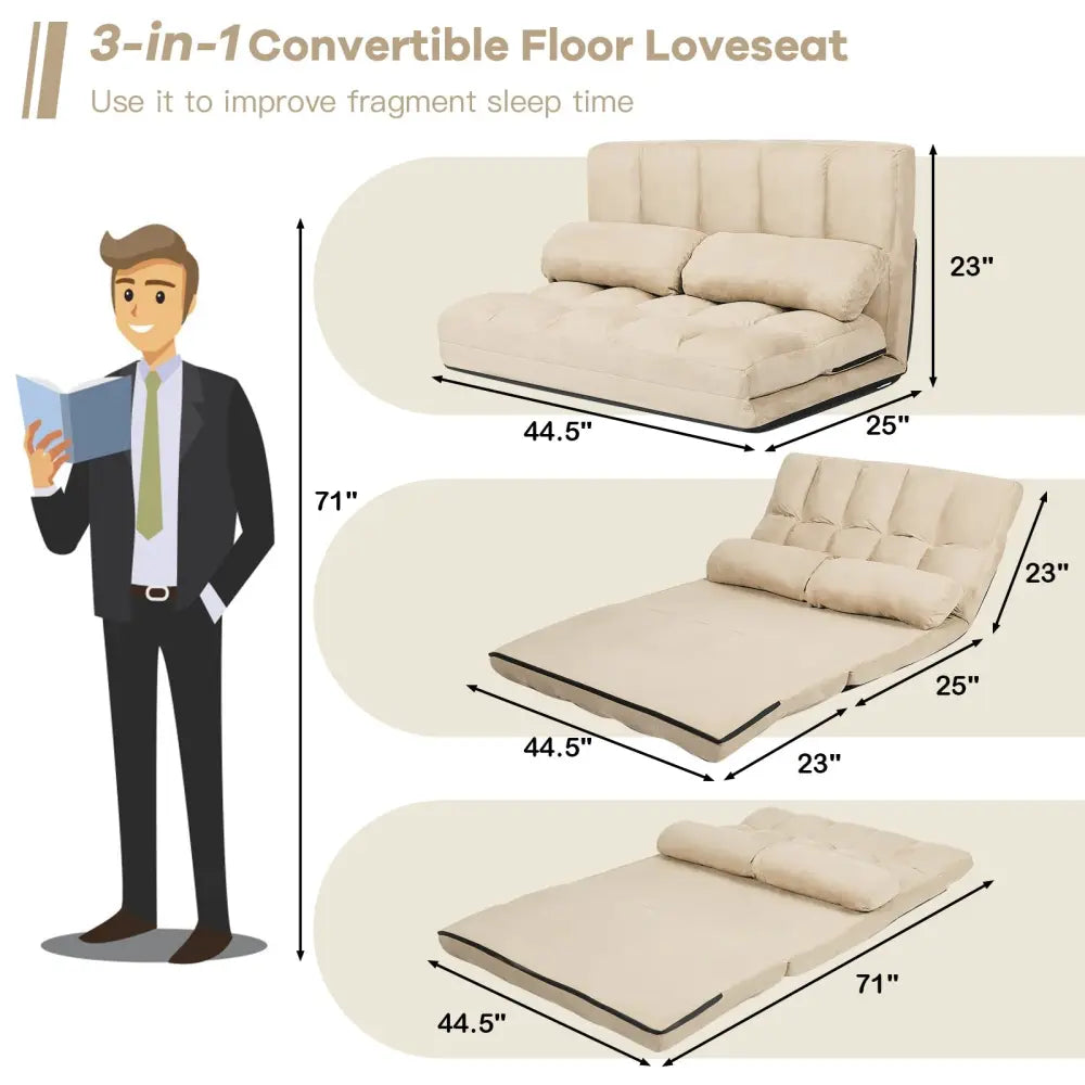 Foldable Floor 6-Position Adjustable Lounge Couch-Beige - Beige - Floor Chairs