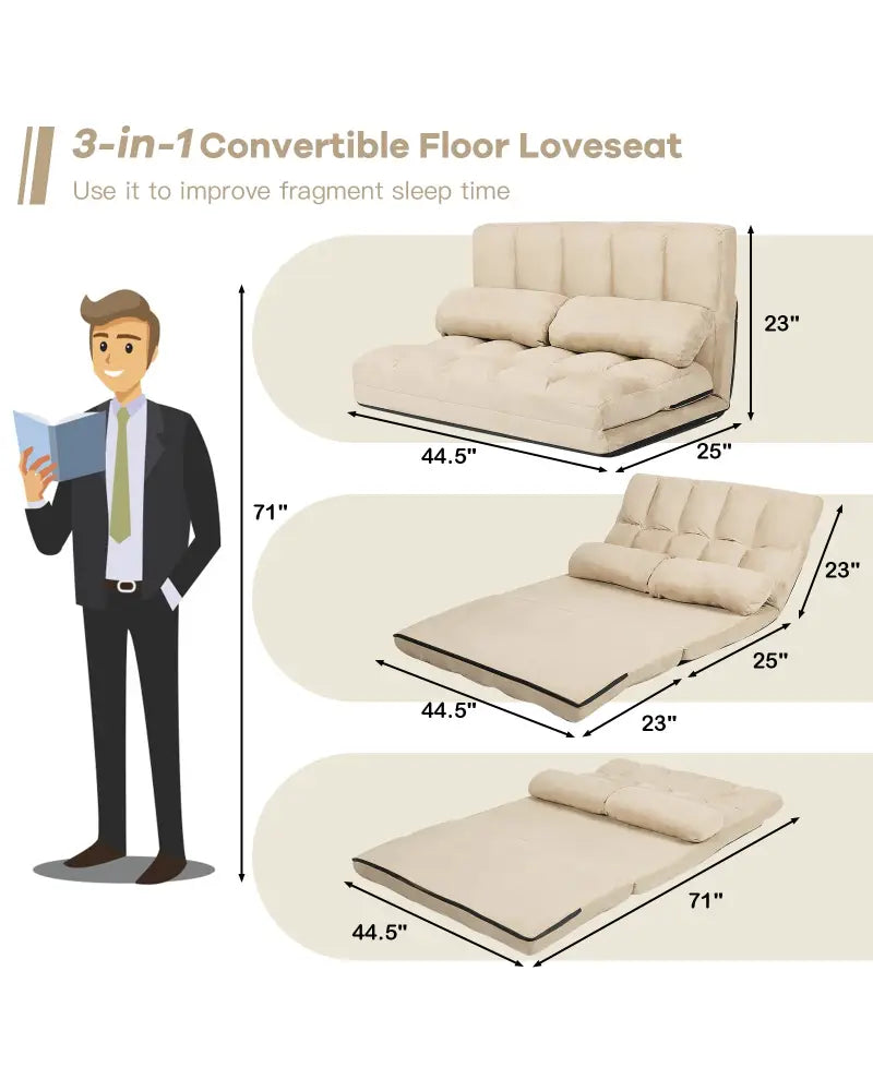 Foldable Floor 6-Position Adjustable Lounge Couch-Beige - Beige - Floor Chairs