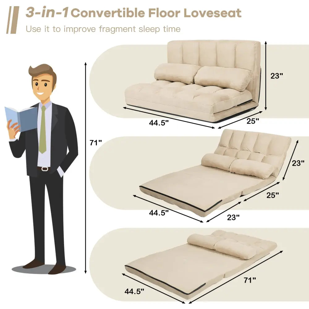 Foldable Floor 6-Position Adjustable Lounge Couch-Beige - Beige - Floor Chairs