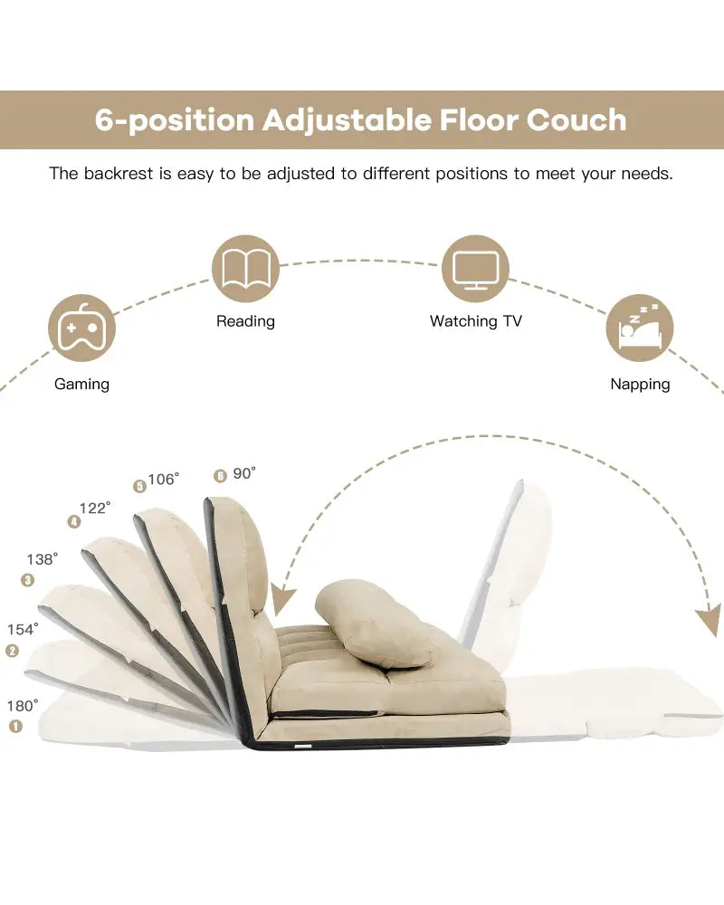 Foldable Floor 6-Position Adjustable Lounge Couch-Beige - Beige - Floor Chairs