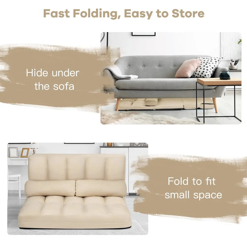 Foldable Floor 6-Position Adjustable Lounge Couch-Beige - Beige - Floor Chairs