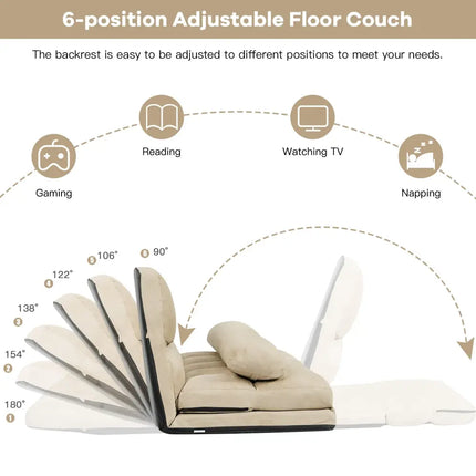 Foldable Floor 6-Position Adjustable Lounge Couch-Beige - Beige - Floor Chairs