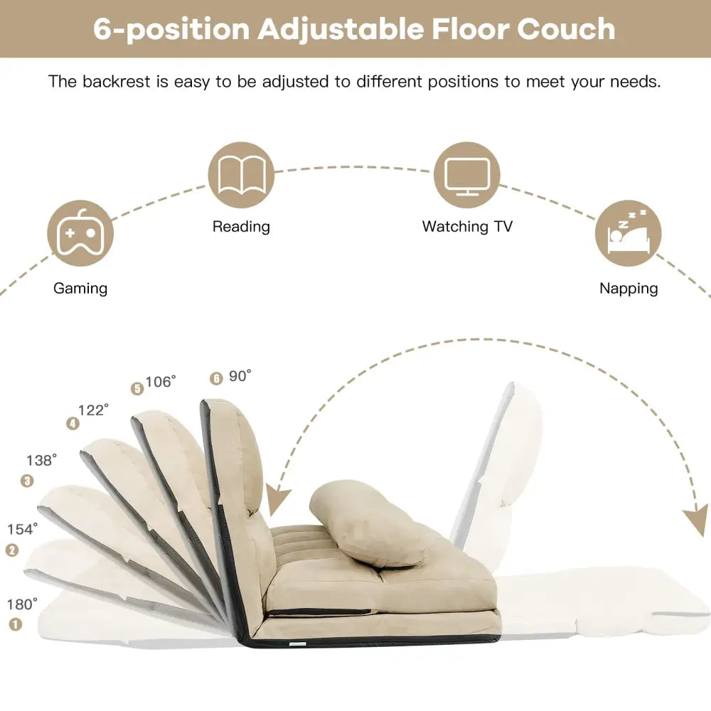 Foldable Floor 6-Position Adjustable Lounge Couch-Beige - Beige - Floor Chairs