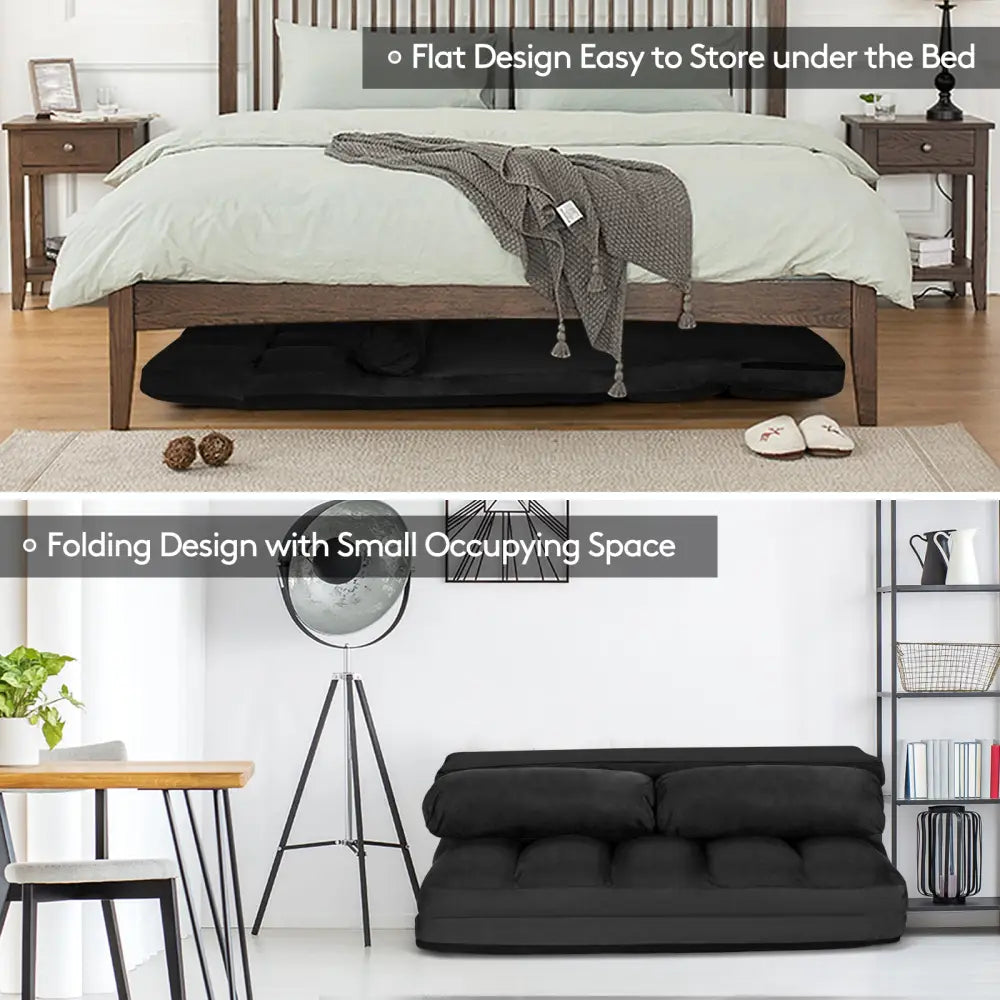 Foldable Floor 6-Position Adjustable Lounge Couch-Black - Black - Floor Chairs