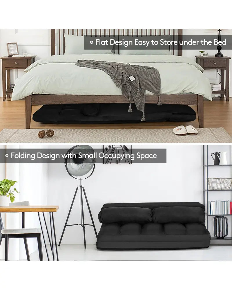 Foldable Floor 6-Position Adjustable Lounge Couch-Black - Black - Floor Chairs