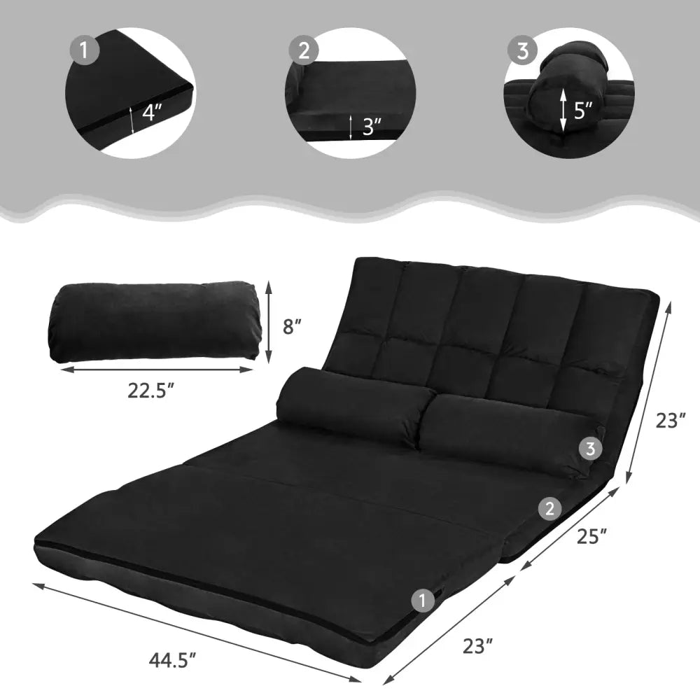 Foldable Floor 6-Position Adjustable Lounge Couch-Black - Black - Floor Chairs
