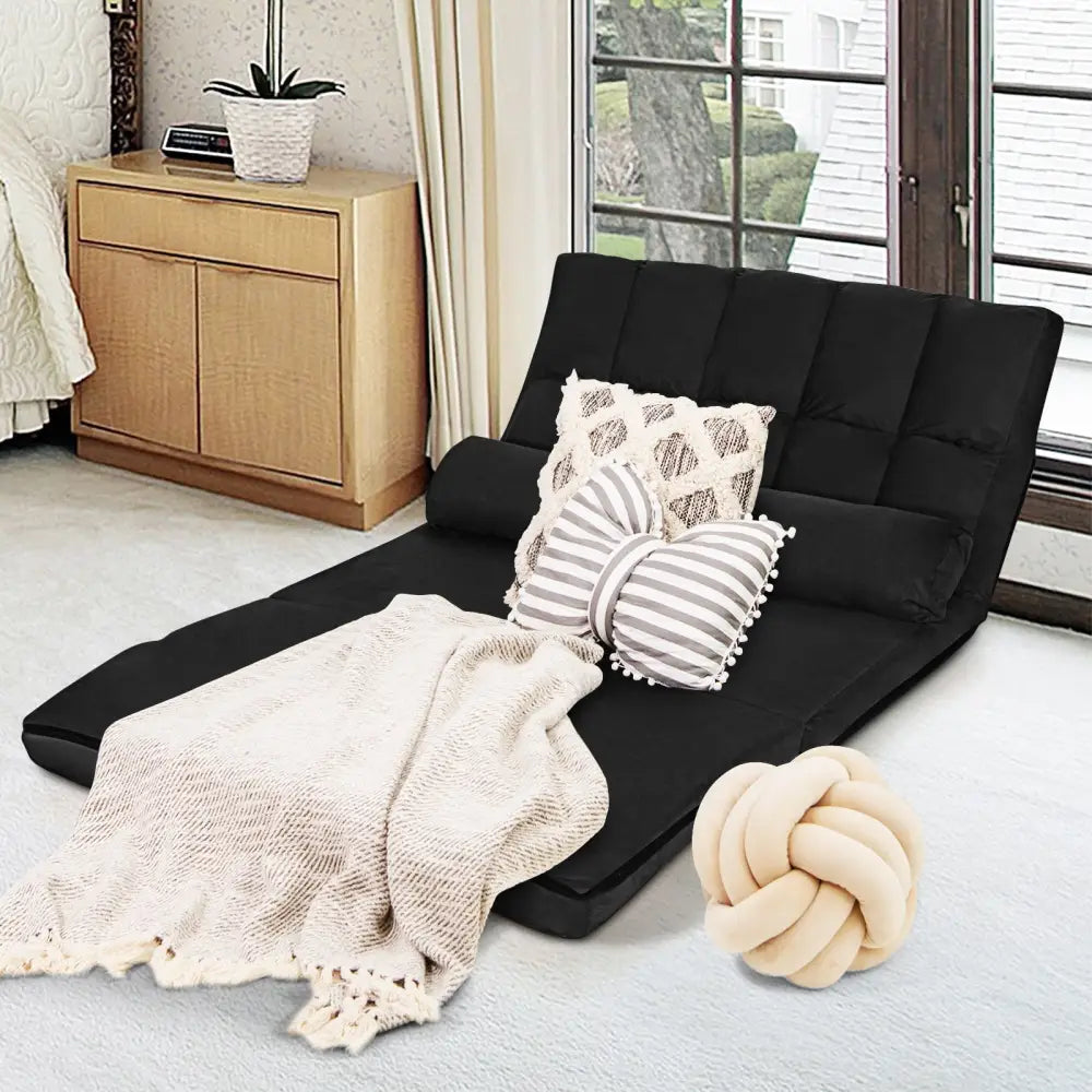 Foldable Floor 6-Position Adjustable Lounge Couch-Black - Black - Floor Chairs