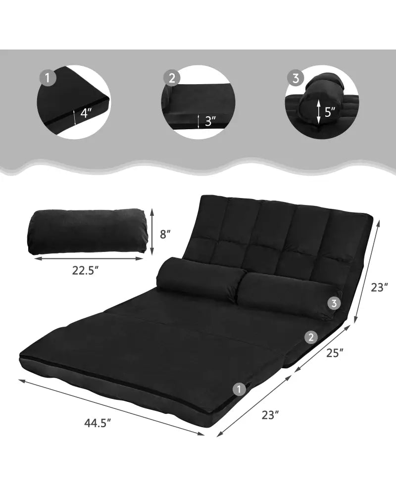 Foldable Floor 6-Position Adjustable Lounge Couch-Black - Black - Floor Chairs