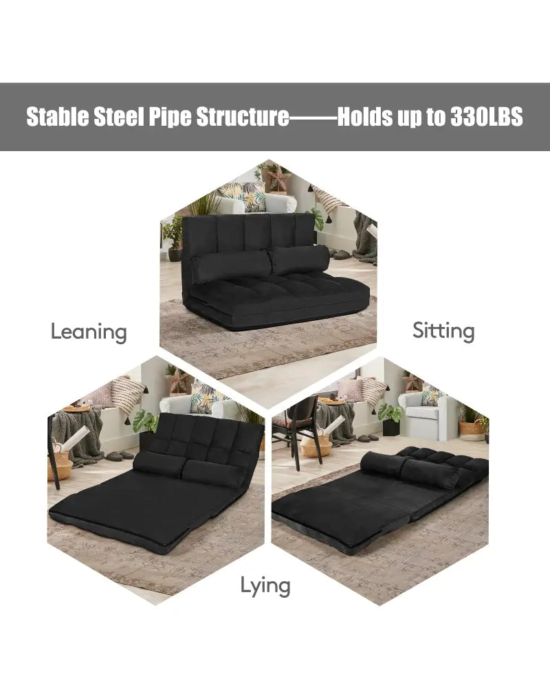 Foldable Floor 6-Position Adjustable Lounge Couch-Black - Black - Floor Chairs