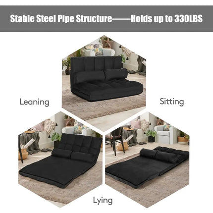 Foldable Floor 6-Position Adjustable Lounge Couch-Black - Black - Floor Chairs